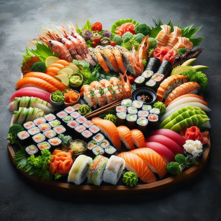 Sushi set on a wooden plate on a dark background, top viewの素材