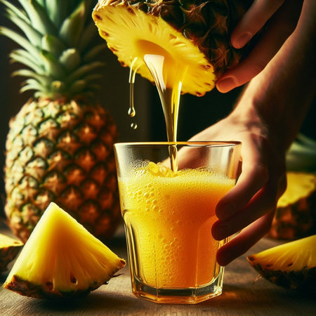 Pineapple juice poured into a glass with slices of pineapple.の素材