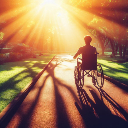 Silhouette of a man in a wheelchair in the park with sunlightの素材