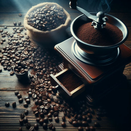 Coffee grinder and coffee beans on a wooden table.の素材