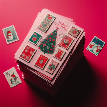 Pile of postcards with Christmas ornaments on red backgroundの素材