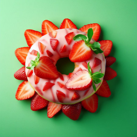 Strawberry cake with cream and mint on green background, top viewの素材