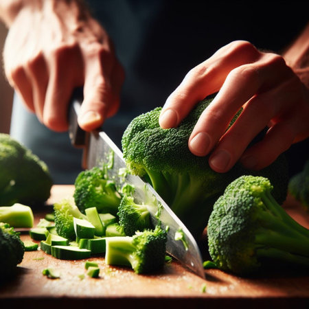 Closeup of man's hands cutting fresh green broccoli on cutting boardの素材