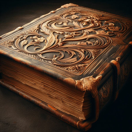 Old book on a dark background. Shallow depth of field.の素材