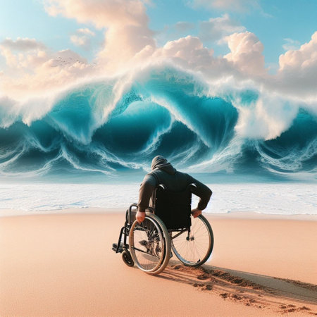 Disabled man in wheelchair on the beach. 3D illustration.の素材