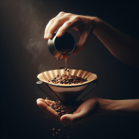 coffee beans in the hands of a man on a dark backgroundの素材