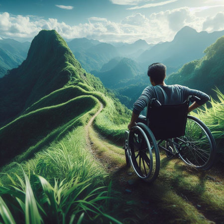 Disabled man in wheelchair on the top of the mountain with nature background.の素材
