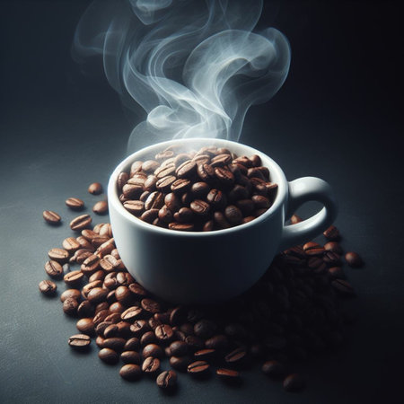 Coffee cup with coffee beans and smoke on dark background.の素材