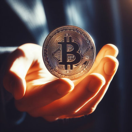 Bitcoin in the hand of a man. Cryptocurrency concept.の素材