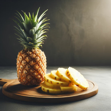 Pineapple and slices of pineapple on a wooden board on a gray backgroundの素材