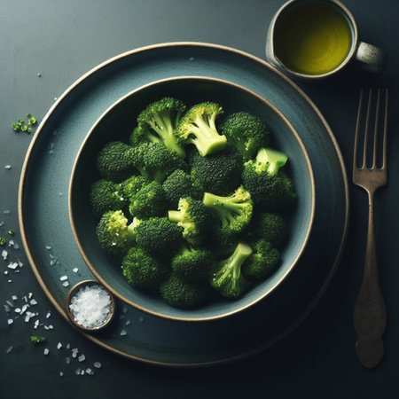 Broccoli in a bowl with salt and olive oil on dark backgroundの素材