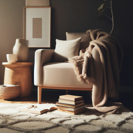 Cozy living room interior with armchair, books, knitted plaid and copy spaceの素材