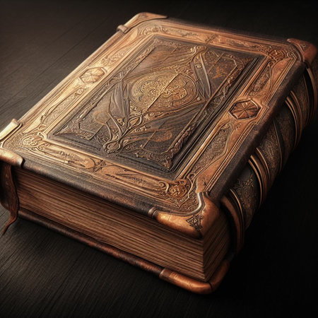 Old book on a dark wooden background. Vintage style. Selective focus.の素材