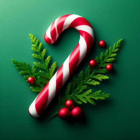 Candy cane with christmas decoration on green background, top viewの素材