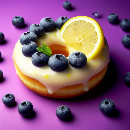 Lemon donut with blueberries and lemon on a purple backgroundの素材