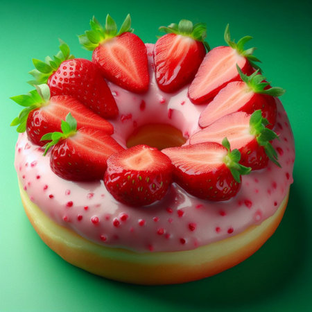 Donut with fresh strawberries on a green background, close-upの素材
