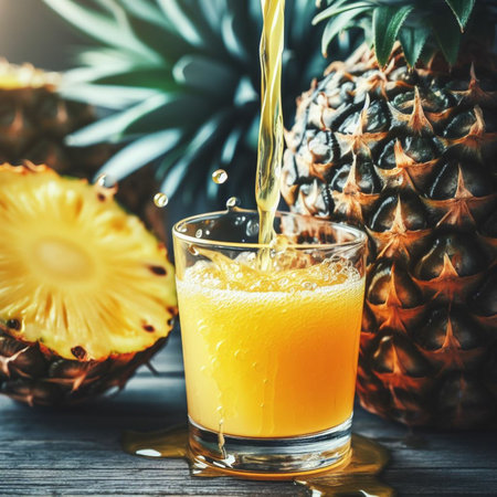 Pineapple juice pouring into a glass with fresh fruits on a wooden backgroundの素材