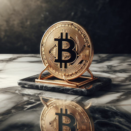 Golden bitcoin on a pedestal on a marble background. 3d renderingの素材