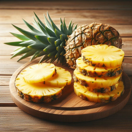 Sliced pineapple on a cutting board on a wooden background.の素材
