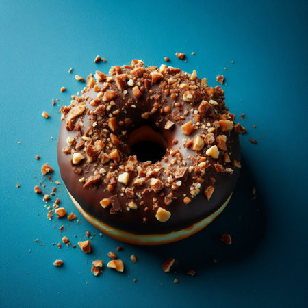 Donut with chocolate glaze and nuts on a blue background.の素材