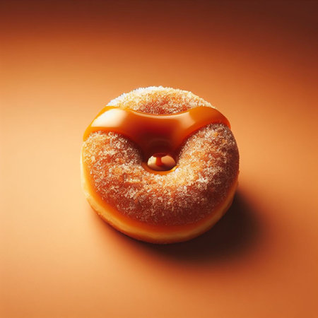 Donut with caramel on orange background. Shallow doff.の素材