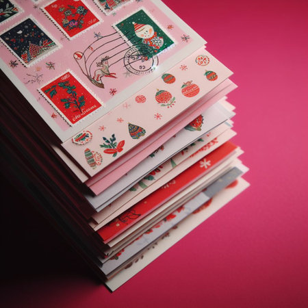 Stack of Christmas postcards on a pink background. Top view.の素材