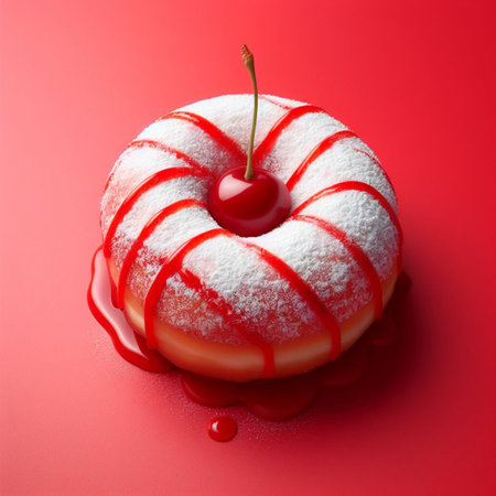 Donut with white frosting and cherry on a red background.の素材
