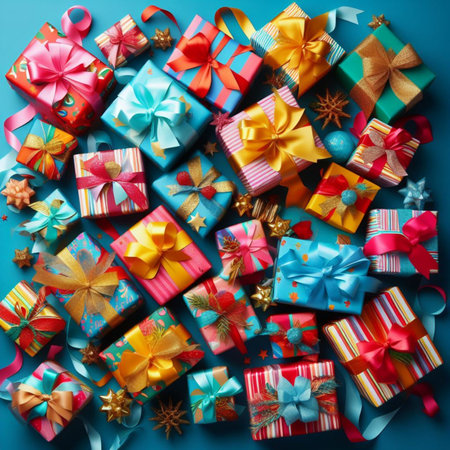 Top view of colorful gift boxes with ribbons and bows on blue backgroundの素材