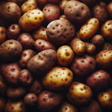 Fresh potatoes background. Top view. Vintage style toned picture.の素材