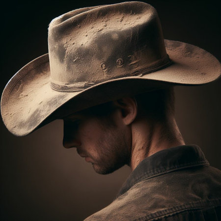 Portrait of a young man in a cowboy hat on a dark backgroundの素材