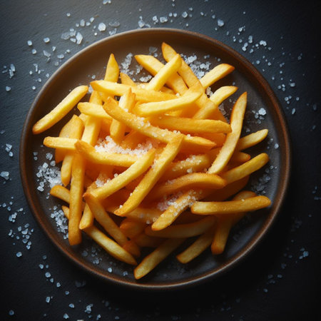 Golden French fries potatoes with salt on a black background, top viewの素材
