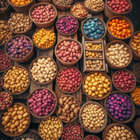 Variety of nuts in wooden bowls on a market in India.の素材