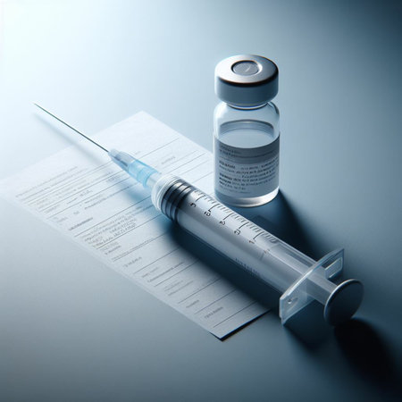 Vaccine bottle, syringe and medical form on blue backgroundの素材