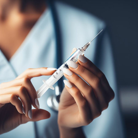 Close-up of female doctor's hand holding syringe with medicationの素材