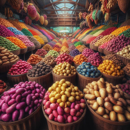 Colorful sweet fruits and vegetables in a market in Morocco.の素材