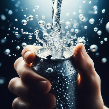 Close up of hand holding soda can with water splashes on black backgroundの素材