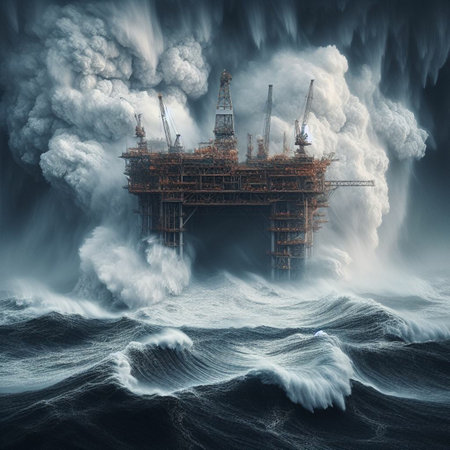 Oil and gas platform in stormy sea. 3D illustration.の素材