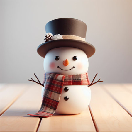Snowman with hat and scarf on wooden table. Christmas and New Year background.の素材