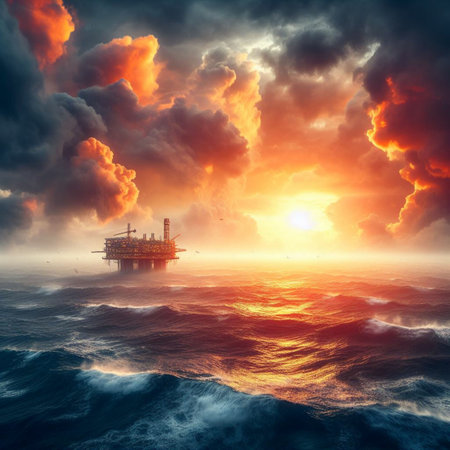 Oil platform in the sea at sunset. 3D Rendering.の素材