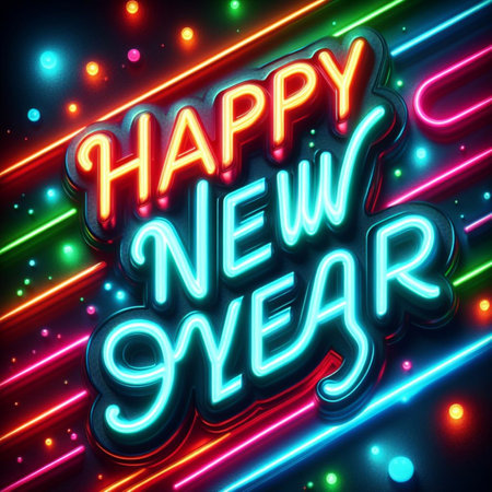 Happy New Year neon sign on a dark background. Vector illustration.の素材