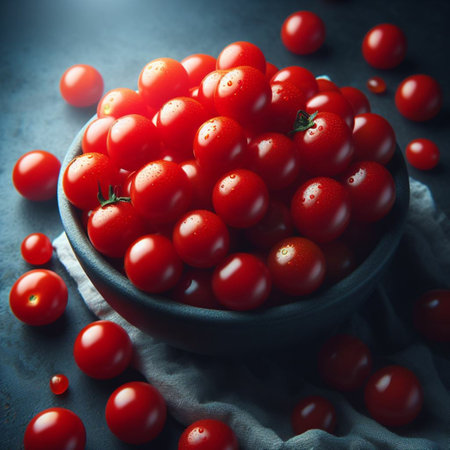 Cherry tomatoes in a bowl on a dark background. Selective focus.の素材