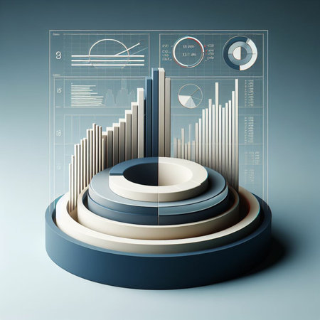 abstract 3d illustration of pie charts and graphs in grey backgroundの素材