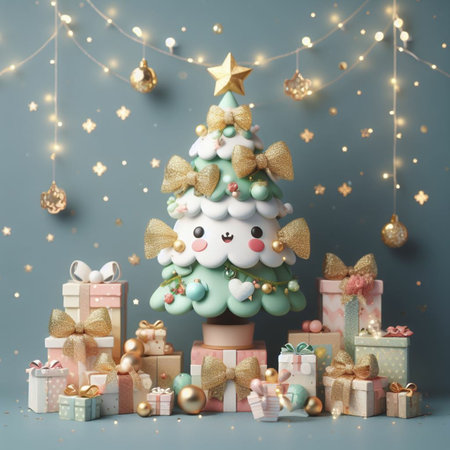 Christmas tree made of gingerbread cookies and gift boxes on blue backgroundの素材