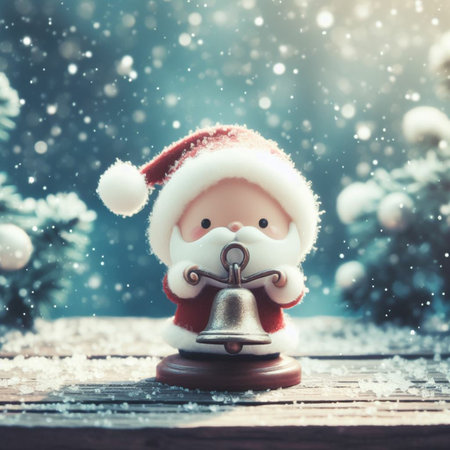 Santa Claus toy on wooden background with snowfall. Christmas greeting card.の素材