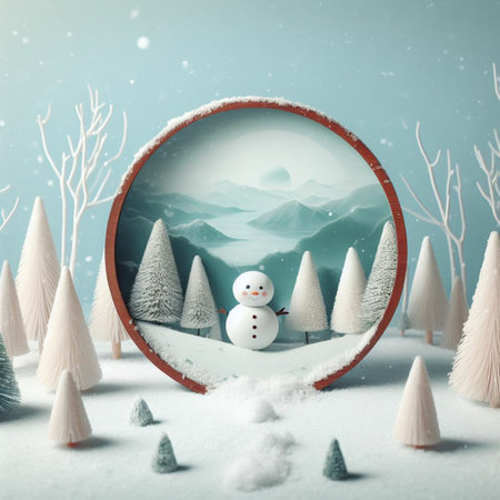 Winter landscape with snowman in round frame. 3D illustration.の素材