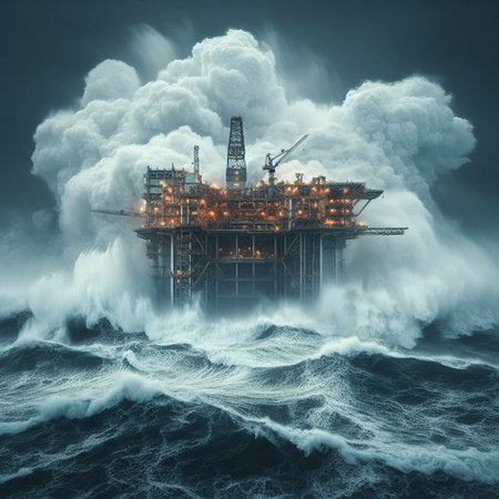 Oil and gas platform in stormy sea. 3D illustration.の素材