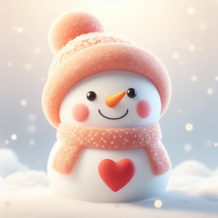Snowman with heart on snow background. Christmas and New Year concept.の素材