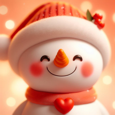 Christmas snowman with red heart on bokeh background, closeupの素材