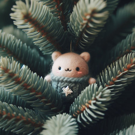 Teddy bear on the Christmas tree. Selective focus. Holiday.の素材