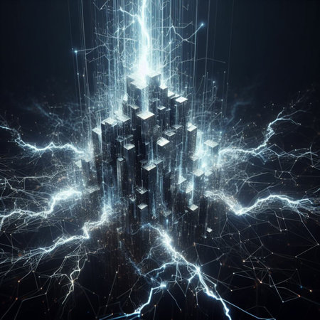 Abstract blue background with glowing skyscraper. 3d rendering, 3d illustration.の素材